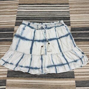 Pilcro Anthropologie Linen Blend Tie Dye Mini Skirt Tasseled Tiered White Blue L